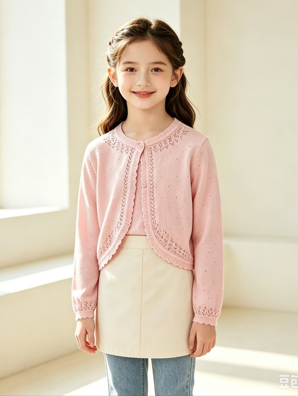 2/25 Girls Scallop Trim Single Button Cardigan